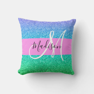 Coussin Glam Bleu Vert Paillettes Brillant Dégradé Monogra
