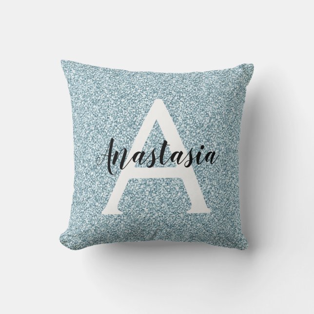 Coussin Glam Blue Silver Paillettes Monogramme Nom (Recto)