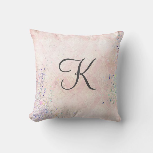 Coussin Glam Chic Monogramme Rose Gris Pailleté Élégant (Recto)