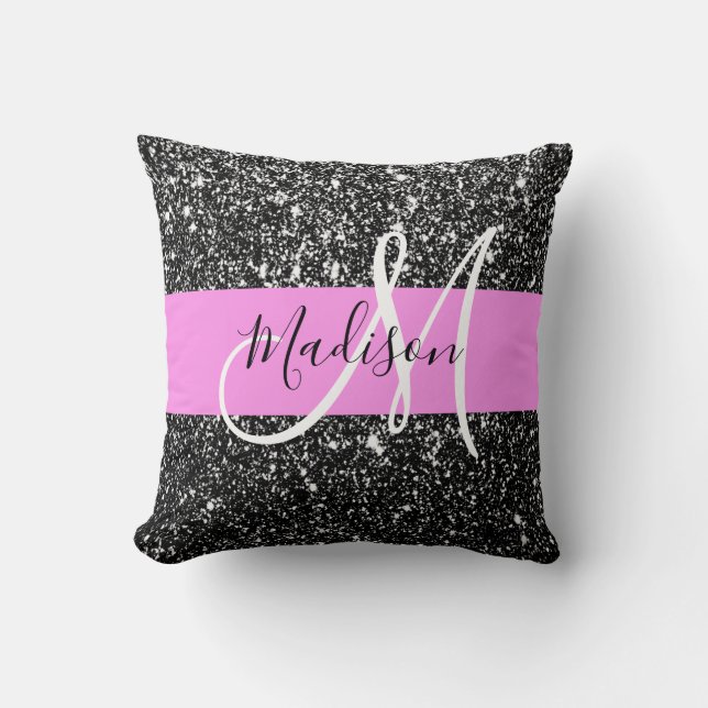 Coussin Glam Chic Rose Noir Paillettes Brillantes Monogram (Recto)