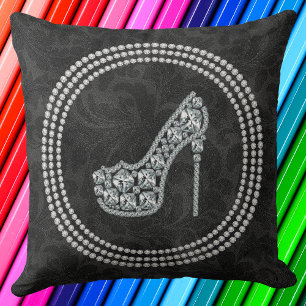Coussin Glam Diamond Stiletto Chaussure Sur Damas Noir