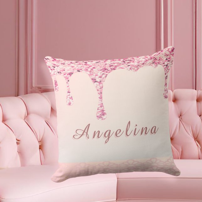 Coussin Glam Elegant Rose Pailleté Dégoulinant  (Customize this glam pink pillow for bridesmaids—perfect for bridal shower gifts and lounge decor.)