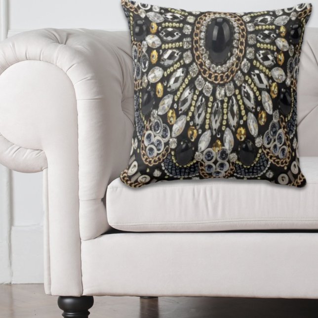 Coussin glam girly art déco or noir bohème (girly glam art deco black gold bohemian throw pillow)