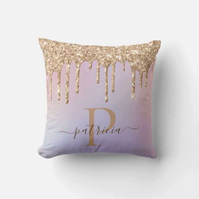 Coussin Glam Gold Glitter Gouttes Élégant Monogramme Plaid (Recto)