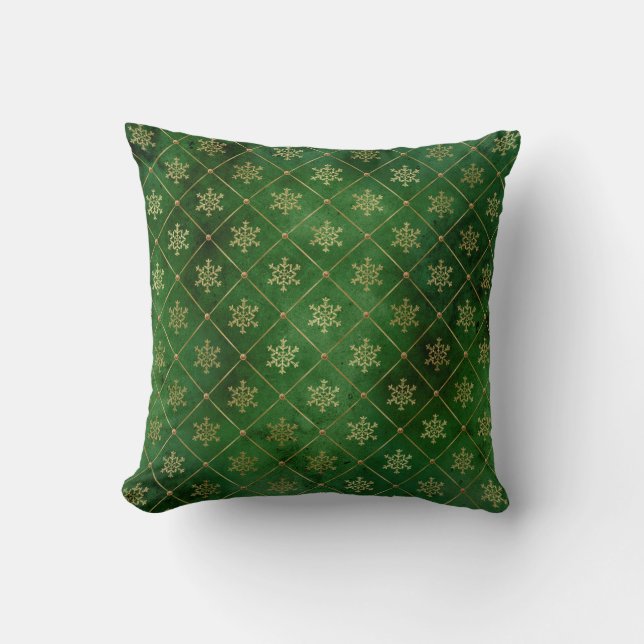 Coussin Glam Green Gold Snowflakes Noël (Recto)