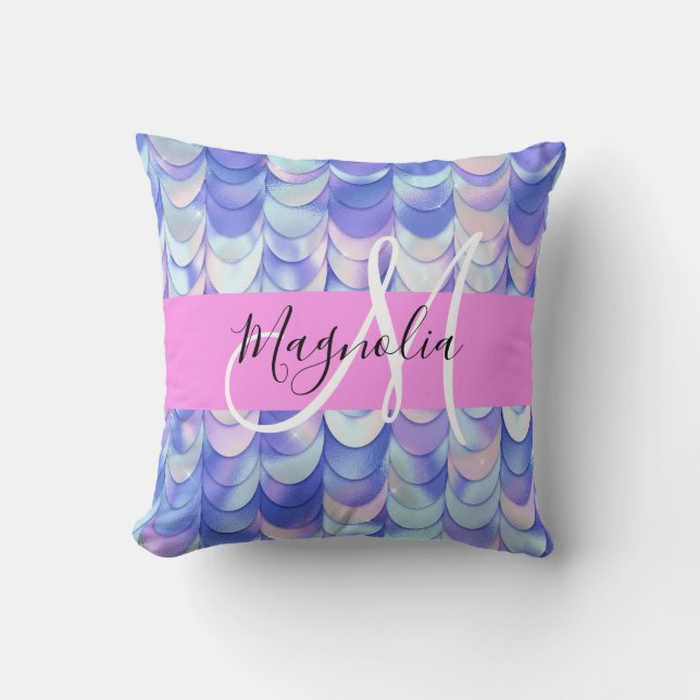 Coussin Glam Iridescent Écailles de Sirène Monogramme Nom (Recto)