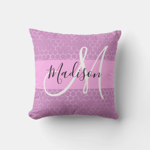 Coussin Glam Lilas Métallisé Rose Nid d'Abeille Monogramme