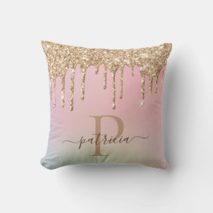 Coussin Glam Or Paillettes Gouttes Élégant Monogramme