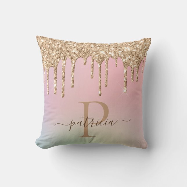 Coussin Glam Or Paillettes Gouttes Élégant Monogramme  (Recto)