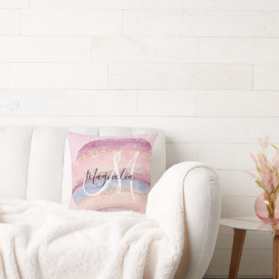 Coussin Glam Or Rose Bleu Monogramme Coup de Pinceau en Pi
