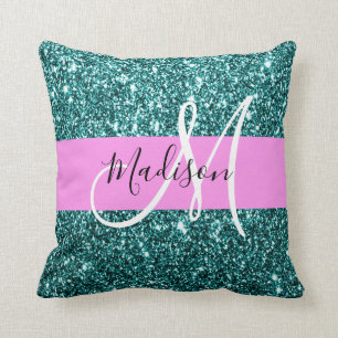 Coussin Glam Rose Turquoise Vert Pailleté Étincelle Monogr