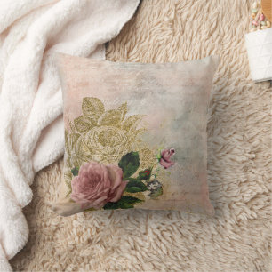 Coussin Glam Steampunk   Rose rose et or Rustique Floral