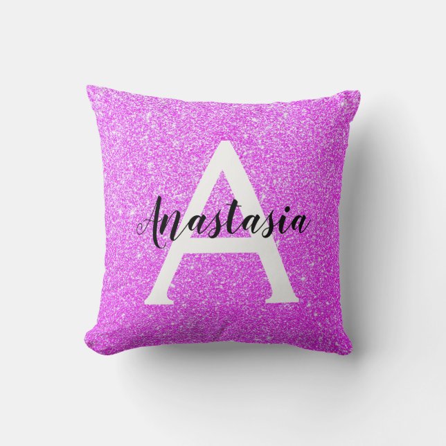 Coussin Glamour Féminin Violet Paillettes Monogramme Nom (Recto)