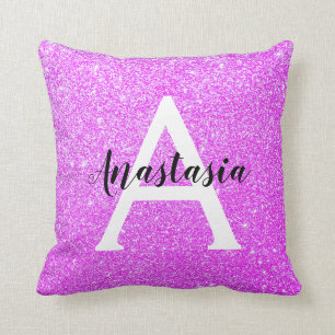 Coussin Glamour Féminin Violet Paillettes Monogramme Nom