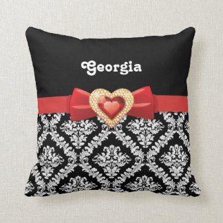 Coussin Glamour noir blanc damassé & arc rouge et bijou