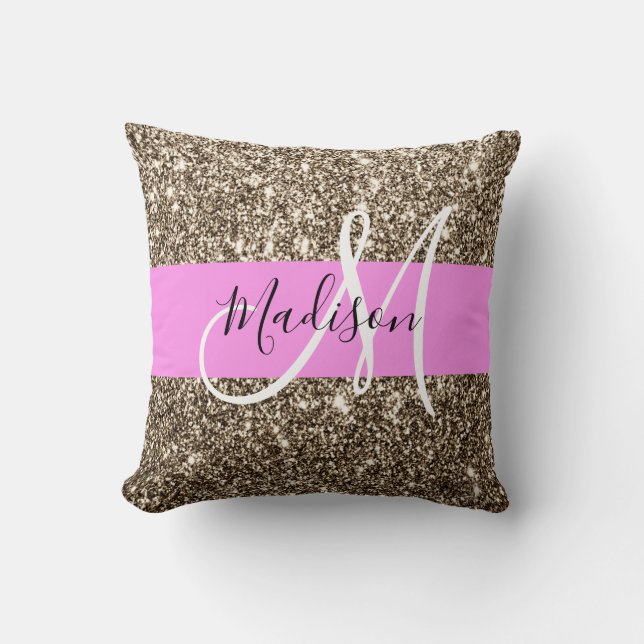 Coussin Glamour Rose Champagne Or Glitter Monogramme (Recto)