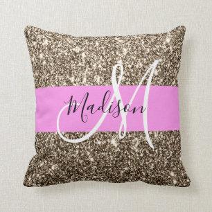 Coussin Glamour Rose Champagne Or Glitter Monogramme