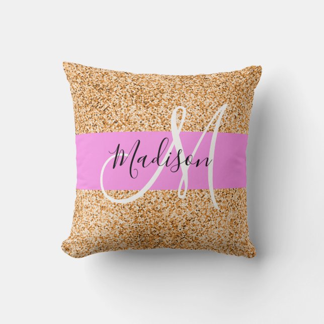 Coussin Glamour Rose & Cuivre Paillettes Monogramme Nom (Recto)