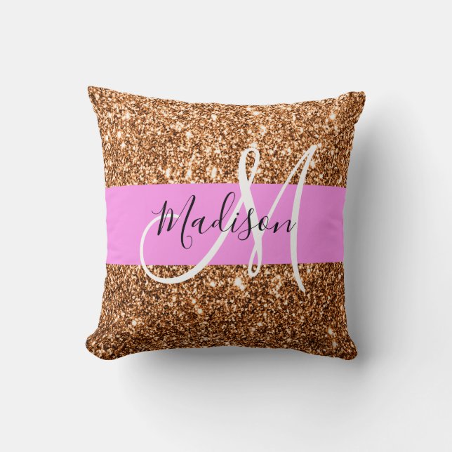 Coussin Glamour Rose & Cuivre Paillettes Monogramme Nom (Recto)