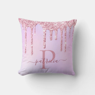 Coussin Glamour Rose Paillettes Gouttes Élégant Monogramme