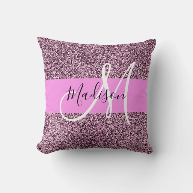 Coussin Glamour Rose & Violet Paillettes Monogramme Nom (Recto)