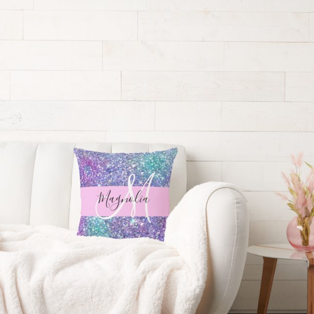 Coussin Glamour Violet, Bleu & Vert Paillettes Monogramme (Canapé)