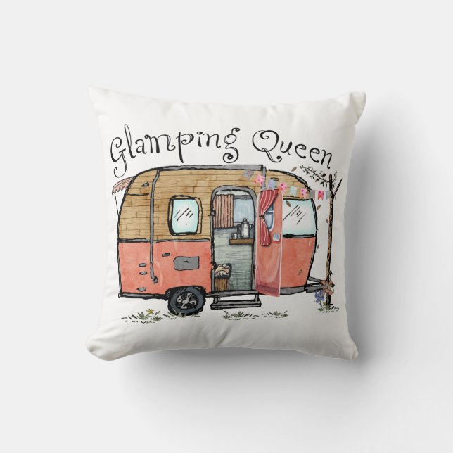 Coussin Glamping Queen Funny Camper Vintage (Recto)