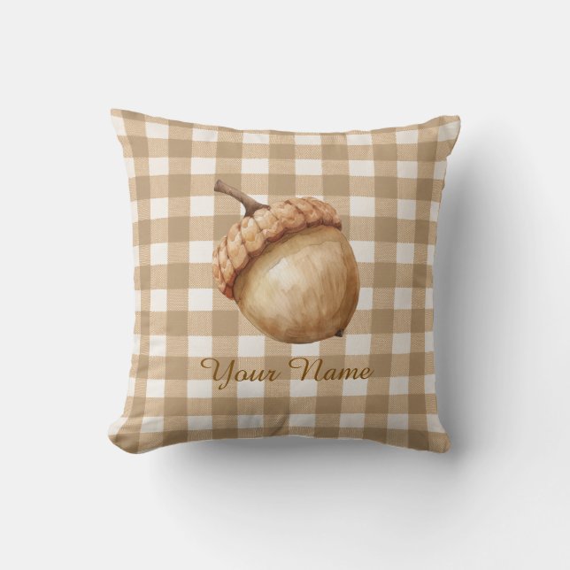 Coussin Gland de chêne marron Gingham Personnalisé Automne (Recto)