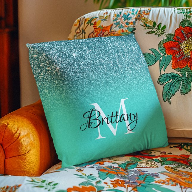 Coussin Glitter Turquoise sarcelle Monogramme (Teal Turquoise Glitter Ombre Monogram Throw Pillow)