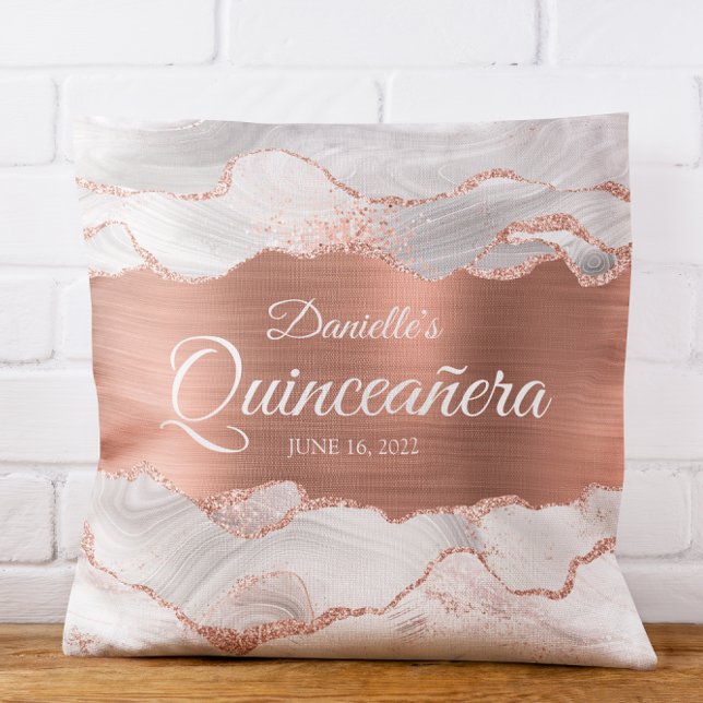 Coussin Glitterie Rose Or et blanc Agate Quinceañera (Glittery Rose Gold and White Agate Quinceañera Throw Pillow)