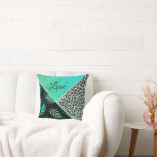 Coussin Glittery Turquoise Tropical Empreinte de léopard p