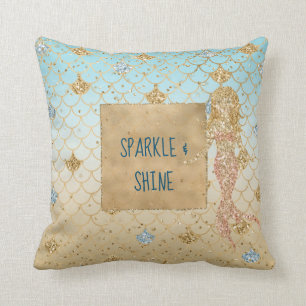 Coussin Glitzy Aqua Mermaid Blush Gold Parties scintillant