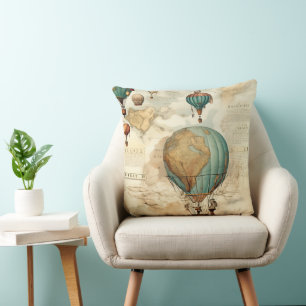 Coussin Globe Ancien Ballon à Air Chaud Carte Antique