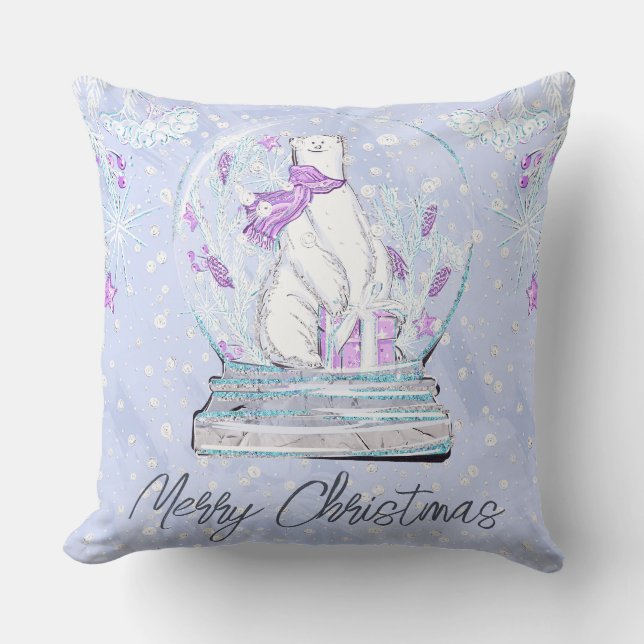 Coussin Globe de neige ours polaire hiver mignon aquarelle (Recto)