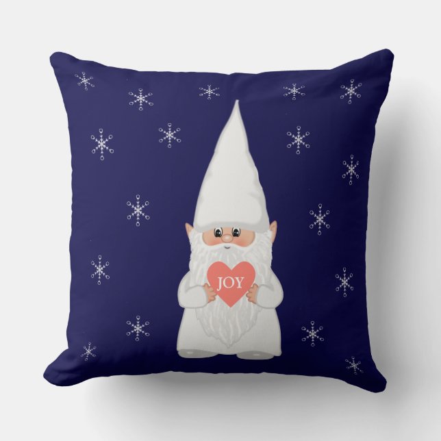 Coussin Gnome de Noël et flocons de neige sur bleu marine (Recto)