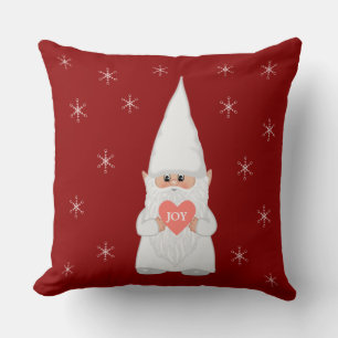 Coussin Gnome de Noël et flocons de neige sur fond rouge c