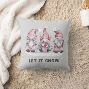 Coussin Gnome de Noël scandinave aquarelle rose gris