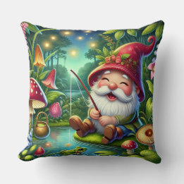 Coussin Gnome Fantaisiste Pêchant dans une Forêt Magique