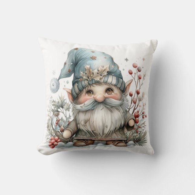 Coussin Gnome scandinave en Aquarelle Bleue Bébé (Recto)