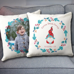 Coussin Gnome Sweet Gnome Cute Elf Floral Wreath Photo