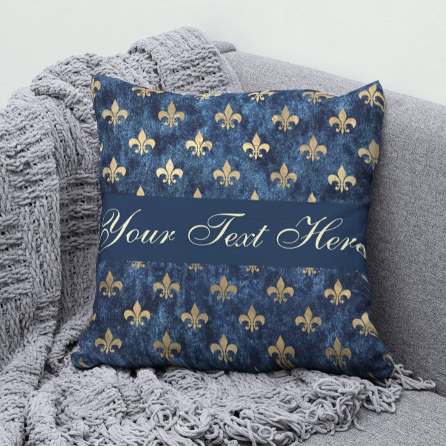 Coussin Gold Blue Fleur De Lis Ajouter Votre Texte Jeter L (Créateur téléchargé)