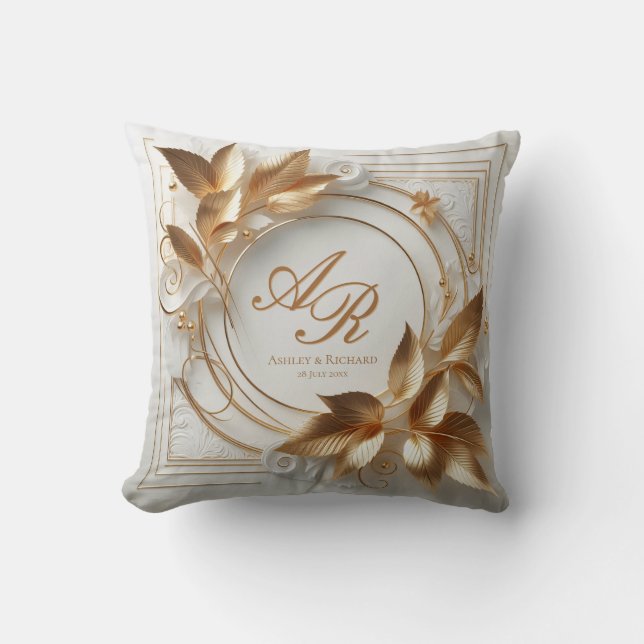 Coussin Gold Botanical Wedding Monogram Throw Pillow (Recto)