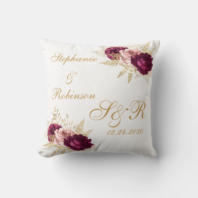 Coussin Gold Bourgogne Floral Personnalisé Monogramme Mari (Recto)