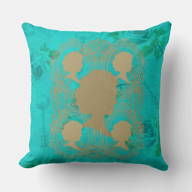 Coussin Gold CameoLadies Turquoise Roses&Keys SquarePillow (Recto)