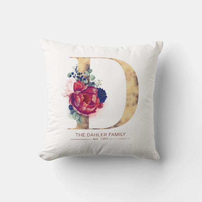 Coussin Gold D Monogramme Floral Bourgogne Rouge et Navy B (Recto)