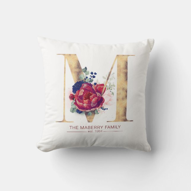 Coussin Gold M Monogramme Floral Bourgogne Rouge et Navy B (Recto)