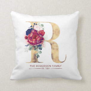 Coussin Gold N Monogramme Bourgogne Florale Rouge et Navy 