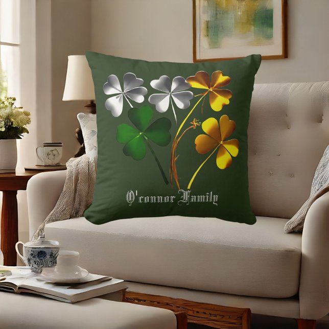 Coussin Gold personnalisé Silver vert Shamrock Lucky Cadea (Personalized Gold Silver Green Shamrock Lucky Gift Throw Pillow)