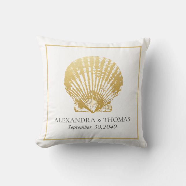 Coussin Gold Seashell Beach Mariage Date Keepsaké (Recto)