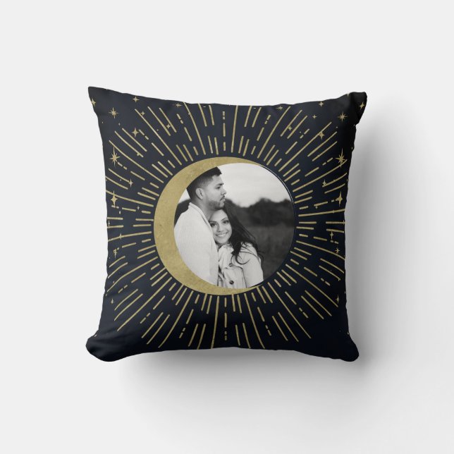Coussin Gold Stars Night Celestial Sunburst Moon Photo (Recto)